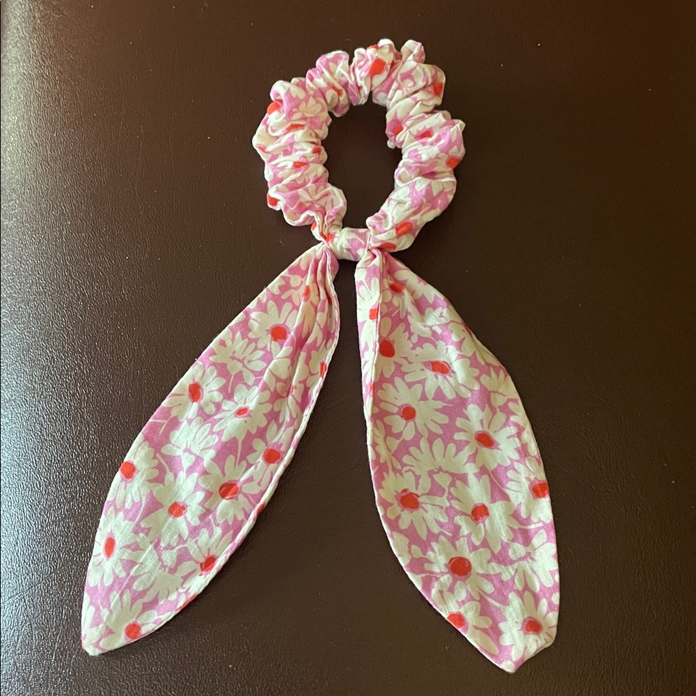 Floral Pink Hair Scrunchie with Bow